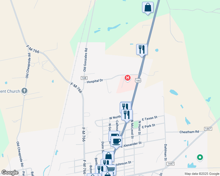 map of restaurants, bars, coffee shops, grocery stores, and more near 105 Hospital Drive in Cuero