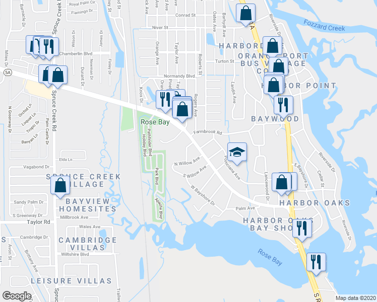 map of restaurants, bars, coffee shops, grocery stores, and more near 401 Moss Avenue in Port Orange