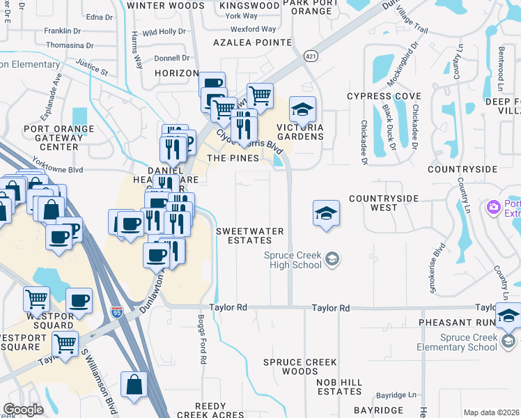 map of restaurants, bars, coffee shops, grocery stores, and more near 5743 Sweetwater Boulevard in Port Orange