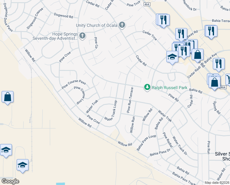 map of restaurants, bars, coffee shops, grocery stores, and more near 10 Water Track Loop in Ocala