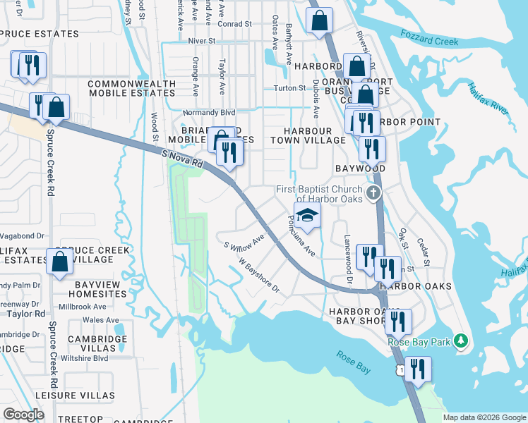 map of restaurants, bars, coffee shops, grocery stores, and more near 5399 South Nova Road in Port Orange