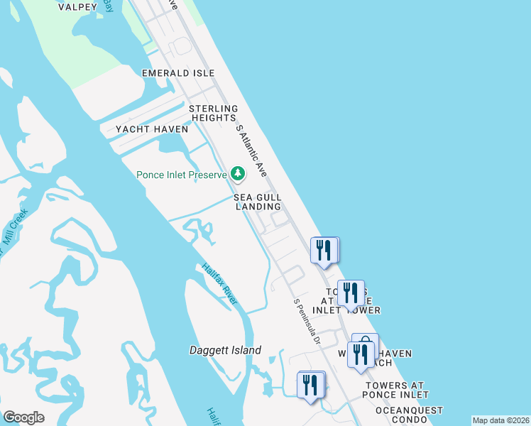 map of restaurants, bars, coffee shops, grocery stores, and more near 44 Ashley Court in Port Orange