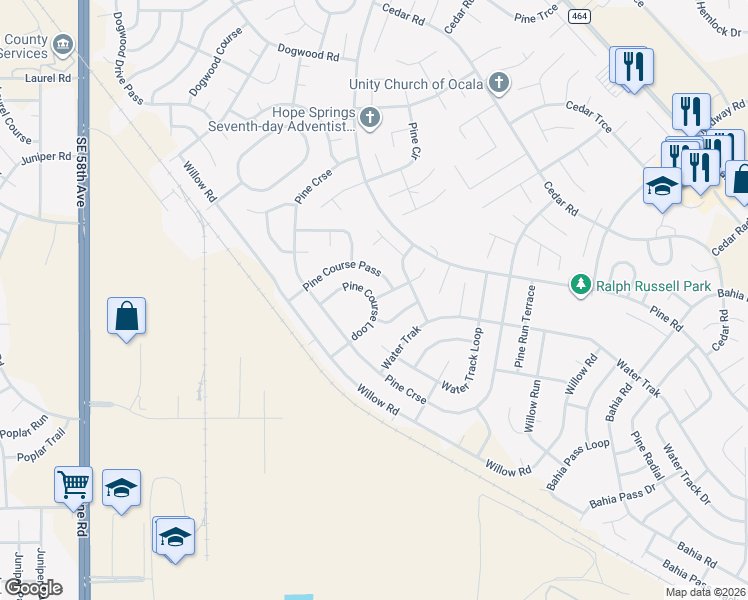 map of restaurants, bars, coffee shops, grocery stores, and more near 25 Pine Course Loop in Ocala