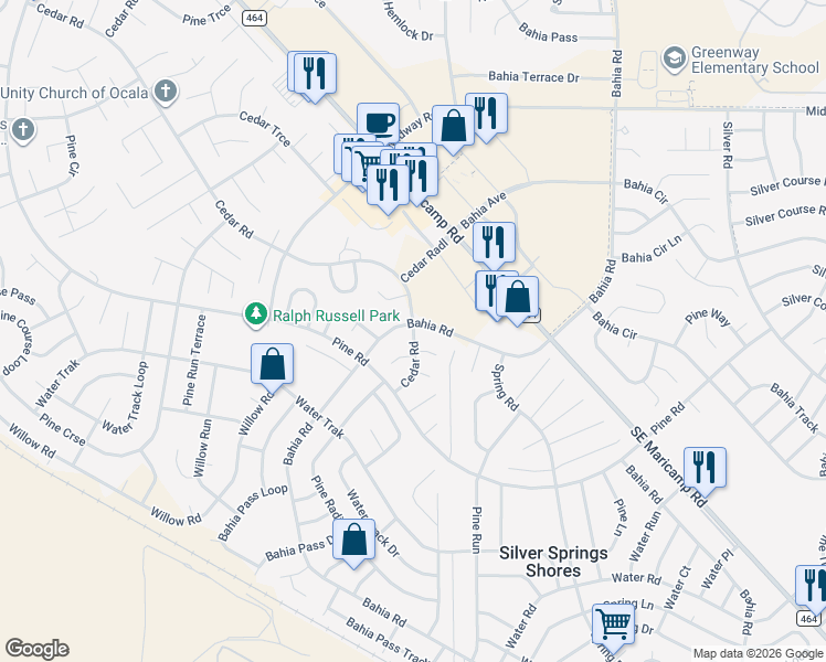 map of restaurants, bars, coffee shops, grocery stores, and more near 1 Cedar Place in Ocala