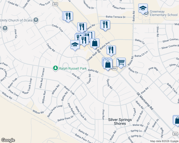 map of restaurants, bars, coffee shops, grocery stores, and more near 1 Cedar Place in Ocala