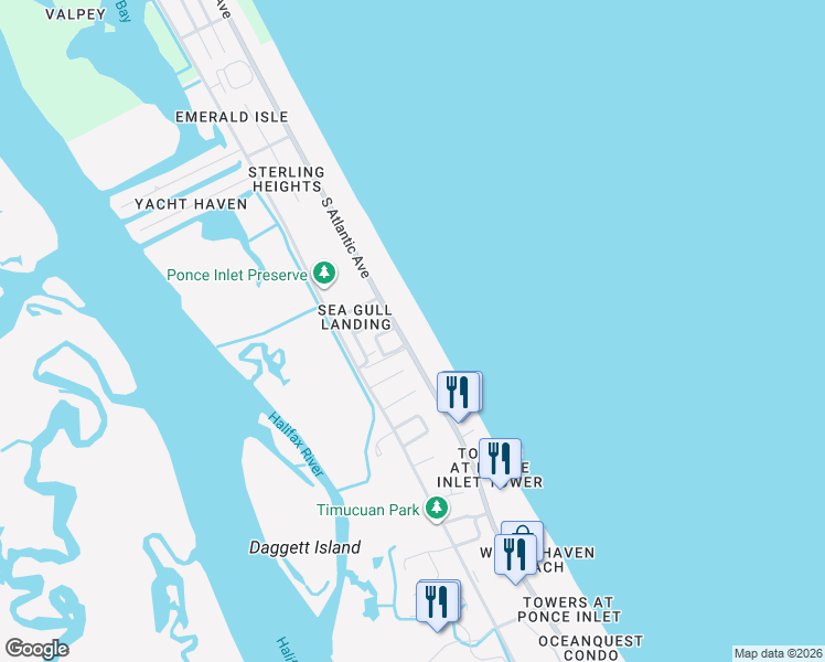 map of restaurants, bars, coffee shops, grocery stores, and more near 4453 South Atlantic Avenue in Ponce Inlet