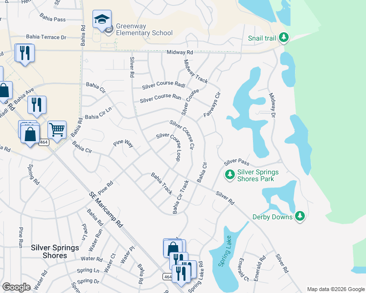 map of restaurants, bars, coffee shops, grocery stores, and more near 566 Silver Course Loop in Ocala