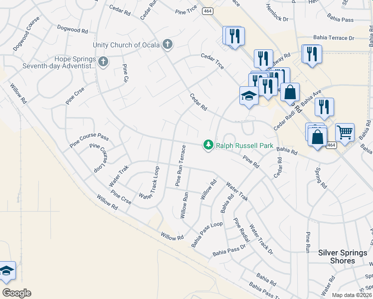 map of restaurants, bars, coffee shops, grocery stores, and more near 11 Pine Run Terrace in Ocala