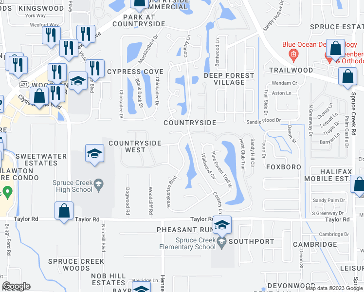map of restaurants, bars, coffee shops, grocery stores, and more near 910 Smokerise Boulevard in Port Orange
