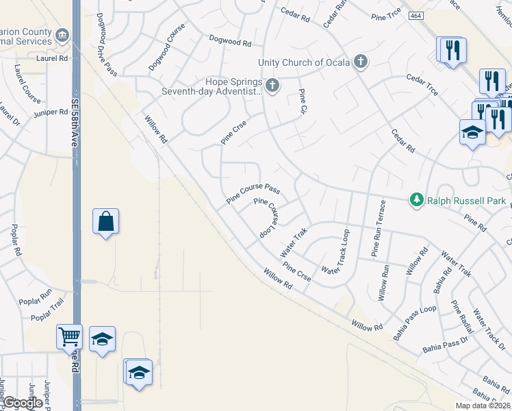 map of restaurants, bars, coffee shops, grocery stores, and more near 124 Pine Course in Ocala