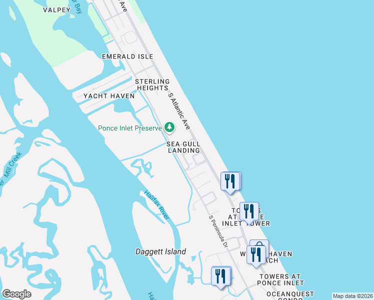 map of restaurants, bars, coffee shops, grocery stores, and more near 44 Ashley Court in Port Orange