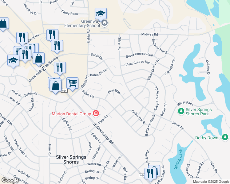 map of restaurants, bars, coffee shops, grocery stores, and more near 9 Pine Way Place in Ocala