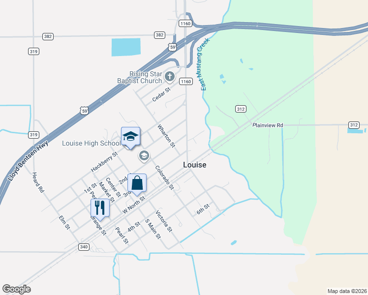 map of restaurants, bars, coffee shops, grocery stores, and more near in Louise