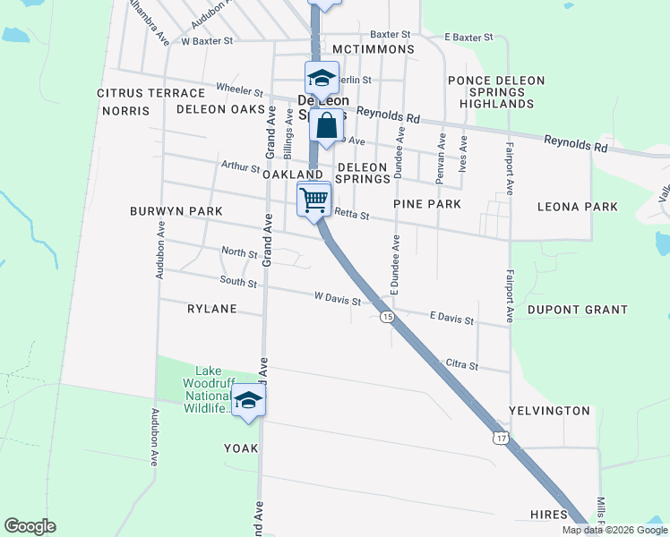 map of restaurants, bars, coffee shops, grocery stores, and more near 177 West Davis Street in De Leon Springs