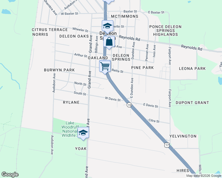 map of restaurants, bars, coffee shops, grocery stores, and more near 177 West Davis Street in De Leon Springs