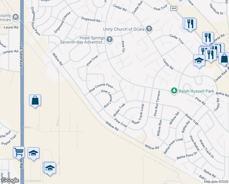 map of restaurants, bars, coffee shops, grocery stores, and more near 25 Pine Course Loop in Ocala