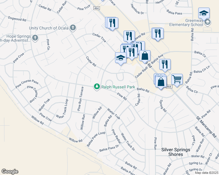 map of restaurants, bars, coffee shops, grocery stores, and more near 1 Pine Court in Ocala
