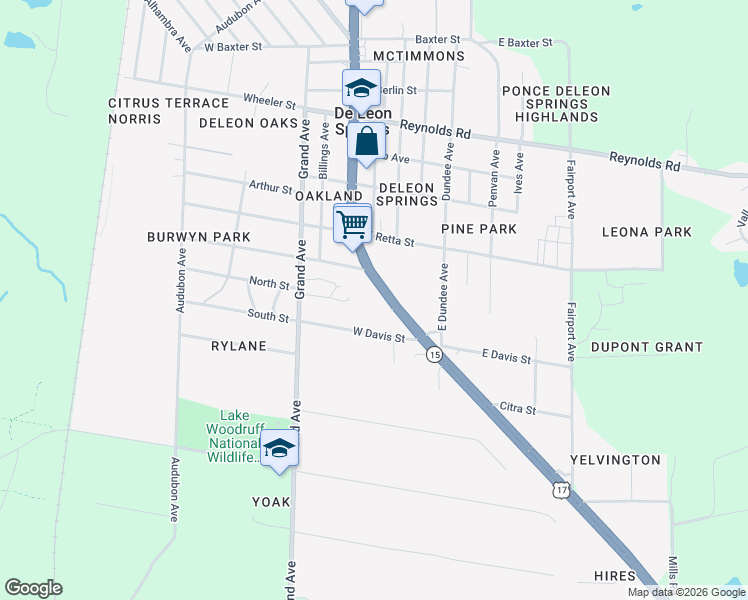 map of restaurants, bars, coffee shops, grocery stores, and more near 177 West Davis Street in De Leon Springs