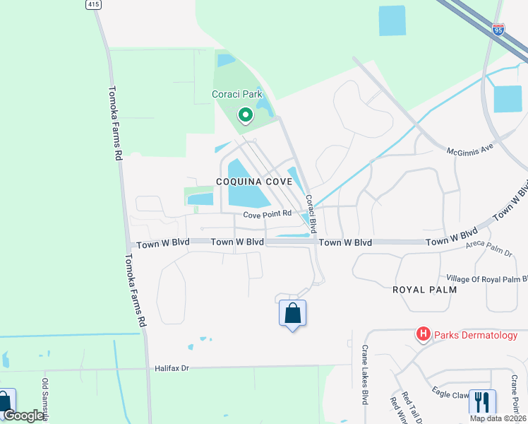 map of restaurants, bars, coffee shops, grocery stores, and more near 5352 Coquina Shores Lane in Port Orange