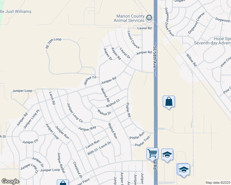 map of restaurants, bars, coffee shops, grocery stores, and more near 23 Walnut Place in Ocala
