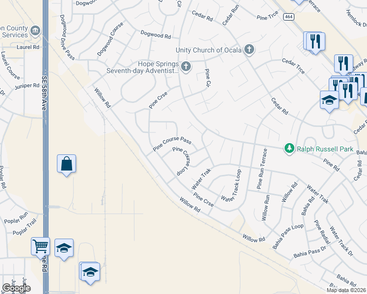 map of restaurants, bars, coffee shops, grocery stores, and more near 26 Pine Course Pass in Ocala