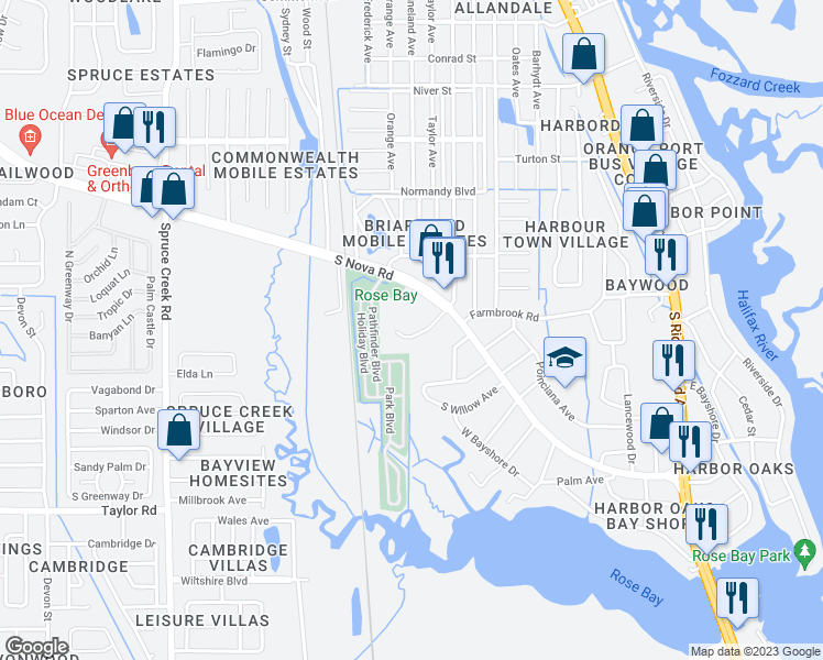 map of restaurants, bars, coffee shops, grocery stores, and more near 412 Baywood Circle in Port Orange