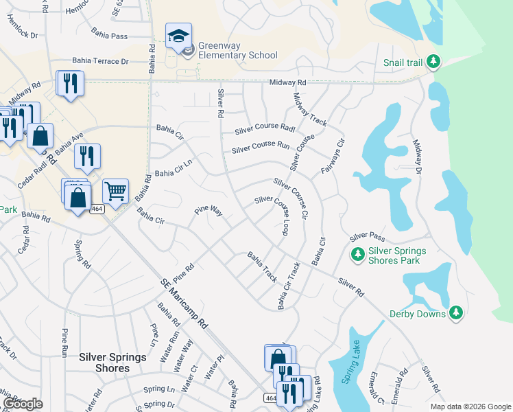 map of restaurants, bars, coffee shops, grocery stores, and more near 548 Silver Course Loop in Ocala