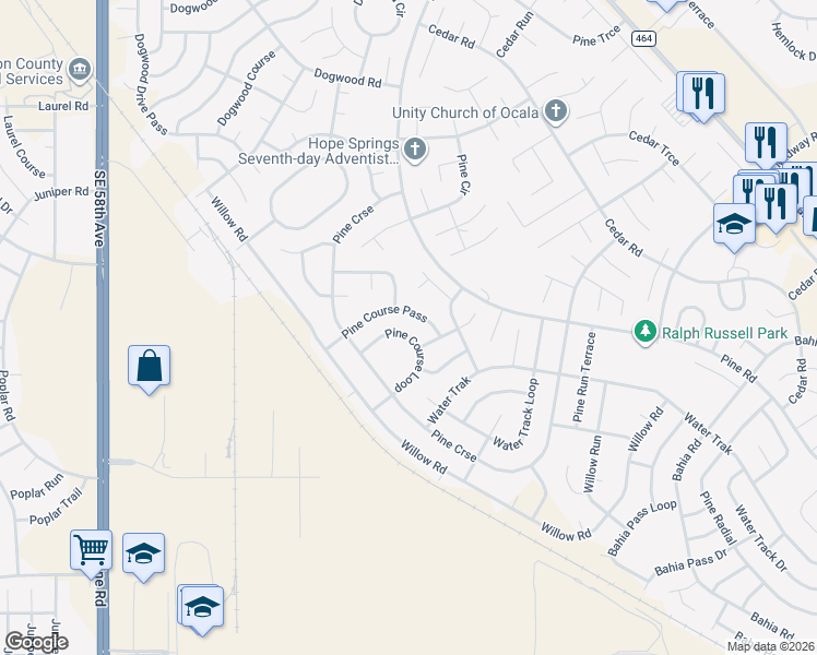 map of restaurants, bars, coffee shops, grocery stores, and more near 26 Pine Course Pass in Ocala