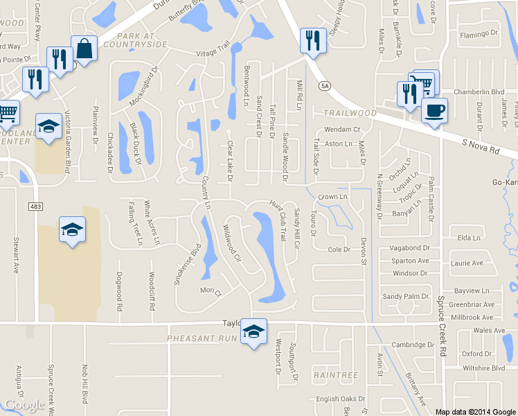 map of restaurants, bars, coffee shops, grocery stores, and more near 775 Hunt Club Trail in Port Orange