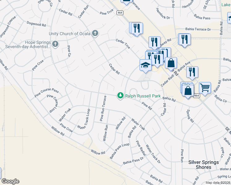 map of restaurants, bars, coffee shops, grocery stores, and more near 18 Pine Course Run in Ocala