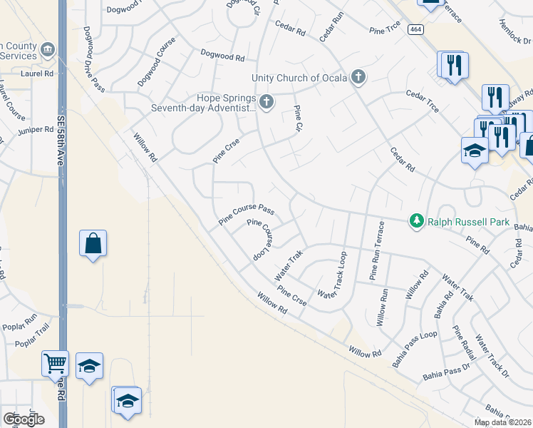 map of restaurants, bars, coffee shops, grocery stores, and more near 26 Pine Course Pass in Ocala