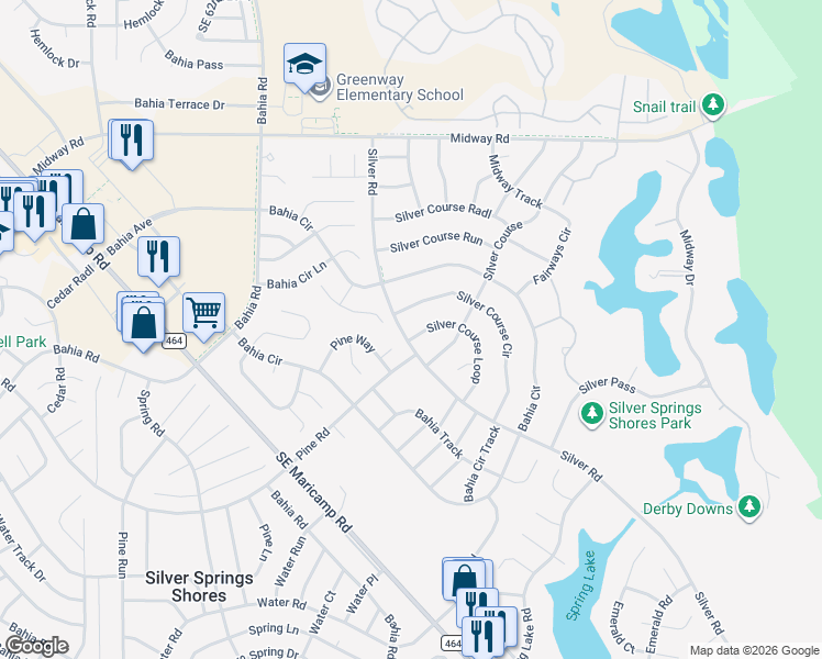map of restaurants, bars, coffee shops, grocery stores, and more near 541 Silver Course Circle in Ocala