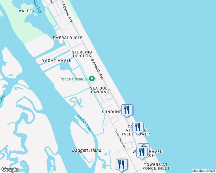 map of restaurants, bars, coffee shops, grocery stores, and more near 20 Jana Drive in Ponce Inlet