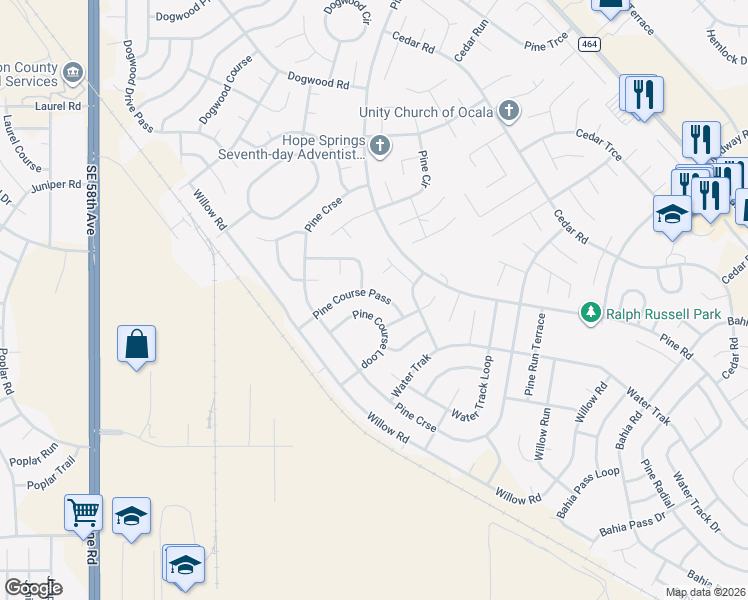 map of restaurants, bars, coffee shops, grocery stores, and more near 26 Pine Course Pass in Ocala