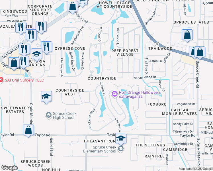 map of restaurants, bars, coffee shops, grocery stores, and more near 812 Smokerise Boulevard in Port Orange