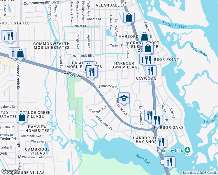 map of restaurants, bars, coffee shops, grocery stores, and more near 305 Farmbrook Road in Port Orange