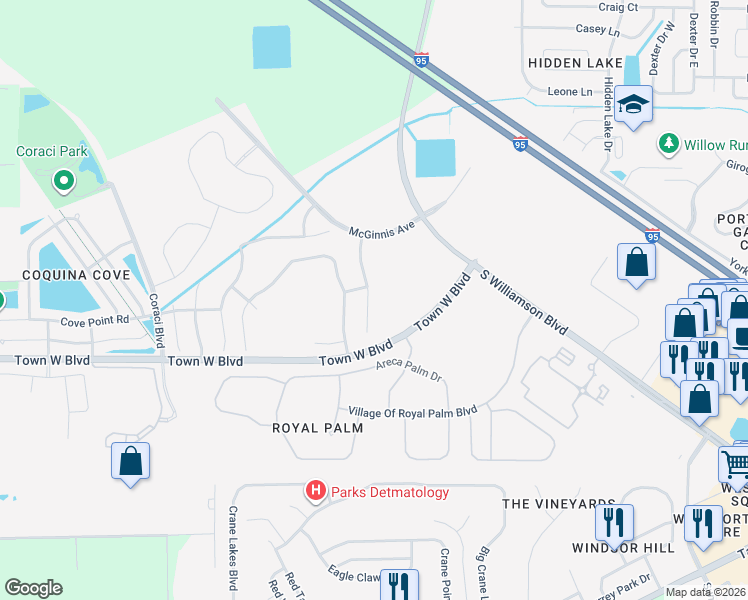 map of restaurants, bars, coffee shops, grocery stores, and more near 5323 Georgia Peach Avenue in Port Orange
