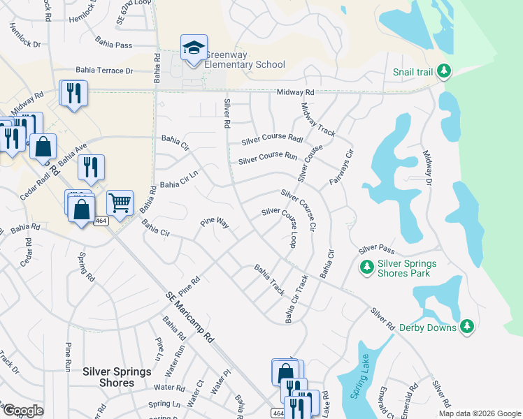 map of restaurants, bars, coffee shops, grocery stores, and more near 544 Silver Course Loop in Ocala