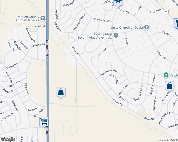 map of restaurants, bars, coffee shops, grocery stores, and more near 44 Willow Road in Ocala
