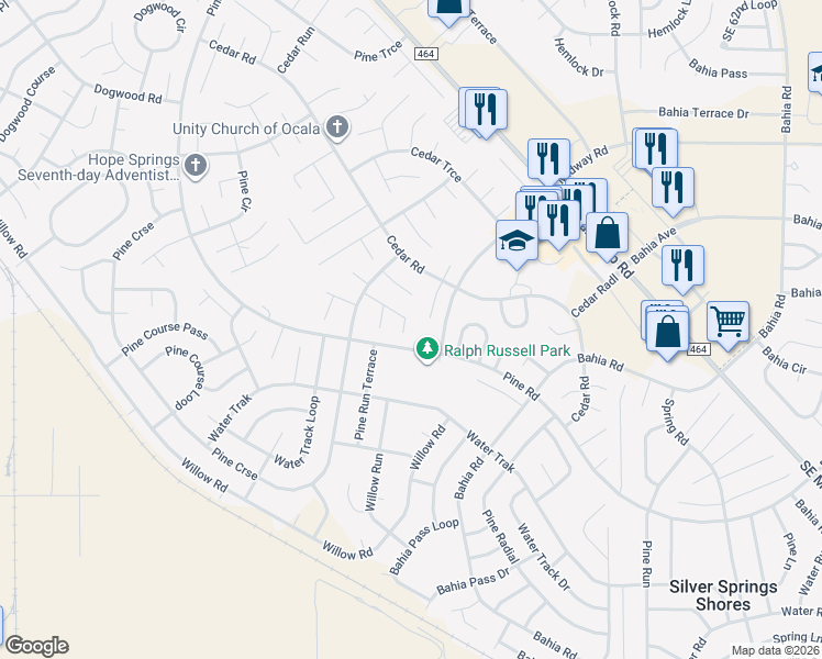 map of restaurants, bars, coffee shops, grocery stores, and more near 18 Pine Course Run in Ocala