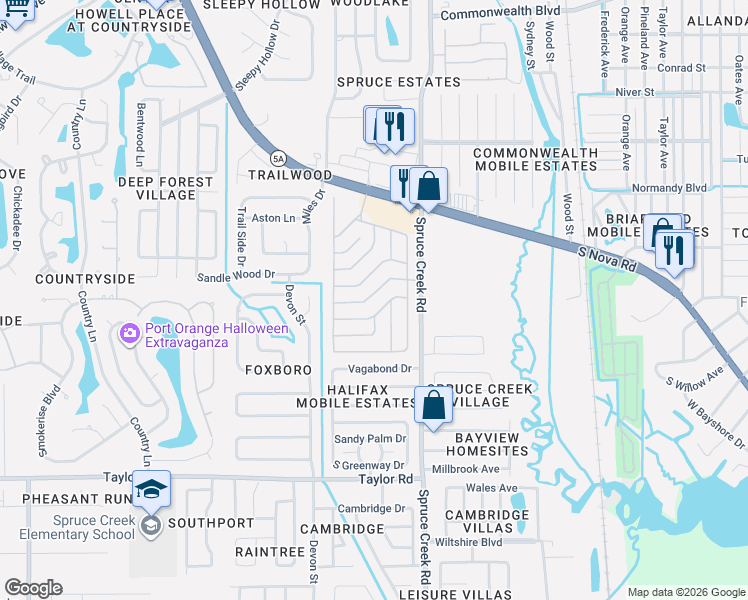 map of restaurants, bars, coffee shops, grocery stores, and more near 38 Tropic Drive in Port Orange