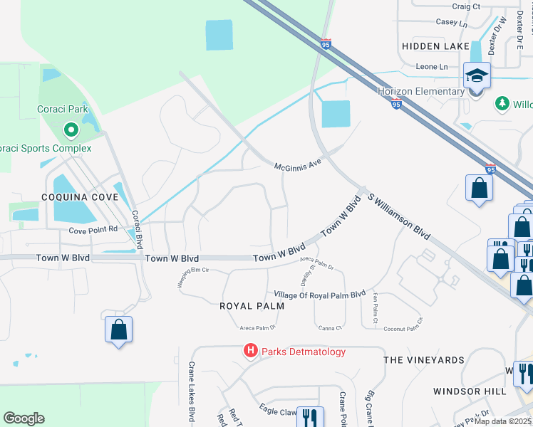 map of restaurants, bars, coffee shops, grocery stores, and more near 5326 Plantation Home Way in Port Orange
