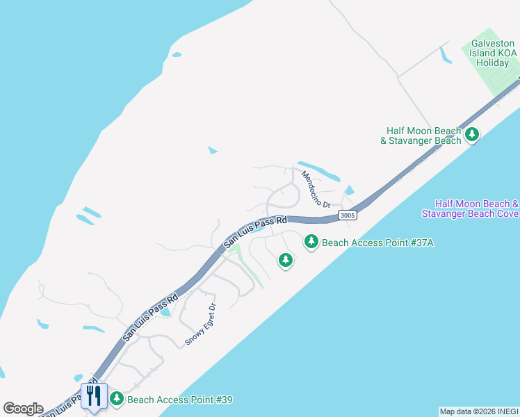 map of restaurants, bars, coffee shops, grocery stores, and more near 25223 Sausalito Drive in Galveston
