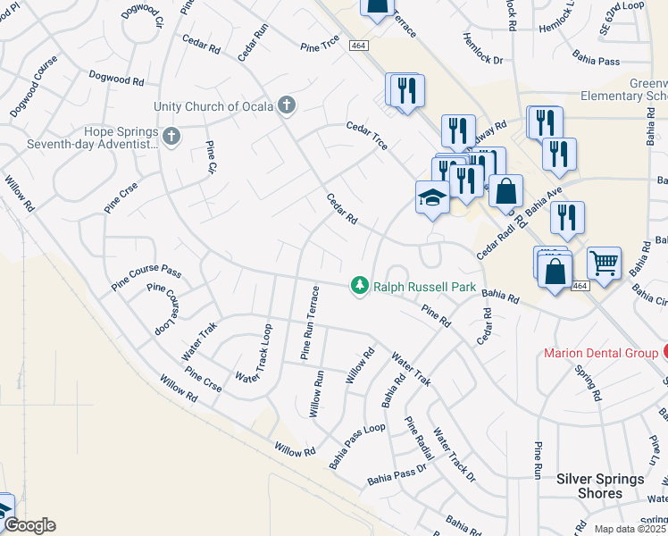 map of restaurants, bars, coffee shops, grocery stores, and more near 18 Pine Course Run in Ocala