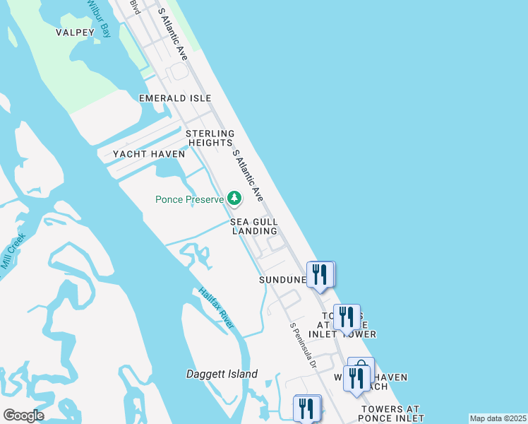 map of restaurants, bars, coffee shops, grocery stores, and more near 20 Jana Drive in Ponce Inlet