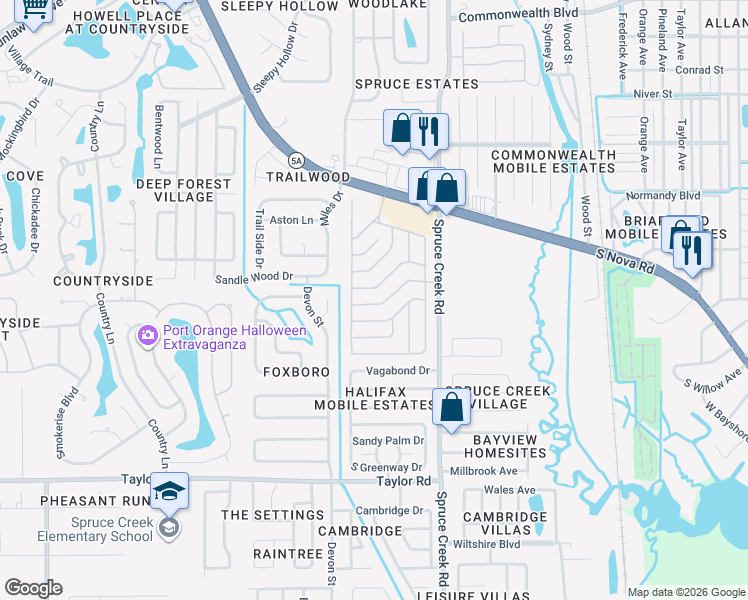 map of restaurants, bars, coffee shops, grocery stores, and more near 226 Tropic Drive in Port Orange