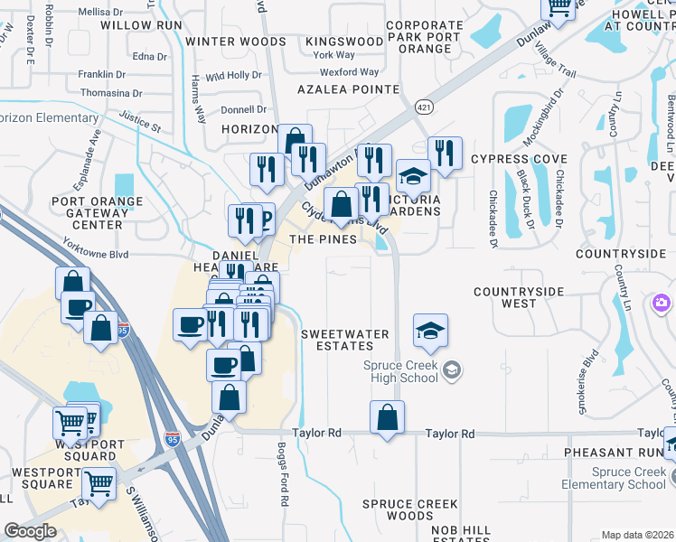 map of restaurants, bars, coffee shops, grocery stores, and more near 5723 Sweetwater Boulevard in Port Orange