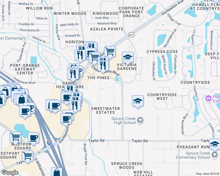 map of restaurants, bars, coffee shops, grocery stores, and more near 5723 Sweetwater Boulevard in Port Orange