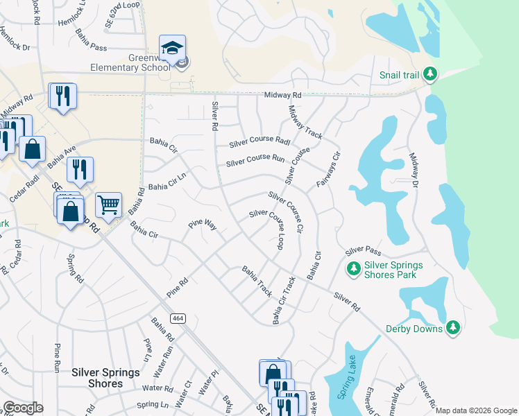 map of restaurants, bars, coffee shops, grocery stores, and more near 548 Silver Course Loop in Ocala