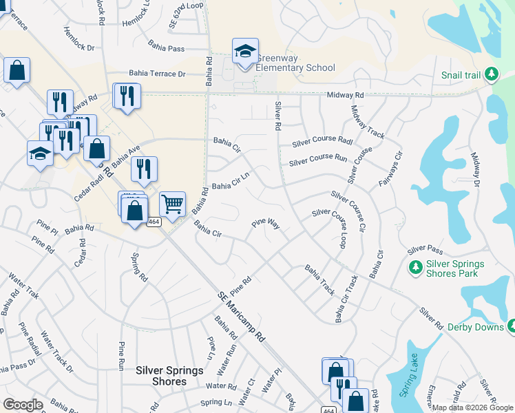 map of restaurants, bars, coffee shops, grocery stores, and more near 514 Pine Way in Ocala